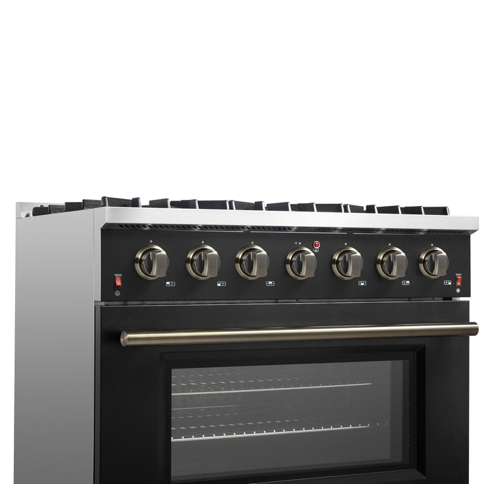 Forno Galiano 36-inch Freestanding Gas Range in Black with Antique Brass Design, 6 Burners, 83,000 BTU, 5.36 cu.ft. Convection Oven