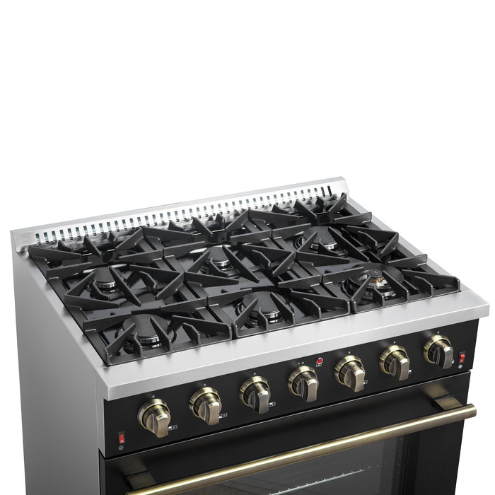 Forno Galiano 36-inch Freestanding Gas Range in Black with Antique Brass Design, 6 Burners, 83,000 BTU, 5.36 cu.ft. Convection Oven