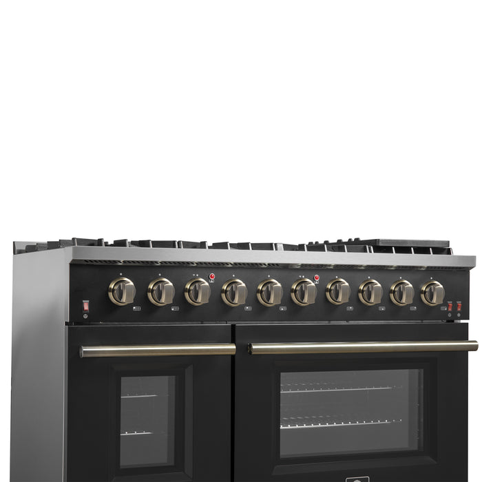 FORNO Galiano 48-inch Gas Range Black & Antique Brass Design, 8 Burners, 107,000 BTU, Griddle, 6.58 cu.ft. Double Ovens