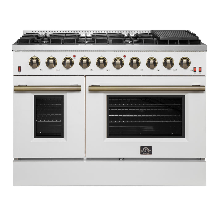 FORNO Galiano 48-inch Gas Range White & Antique Brass Design, 8 Burners, 107,000 BTU, Griddle, 6.58 cu.ft. Double Ovens