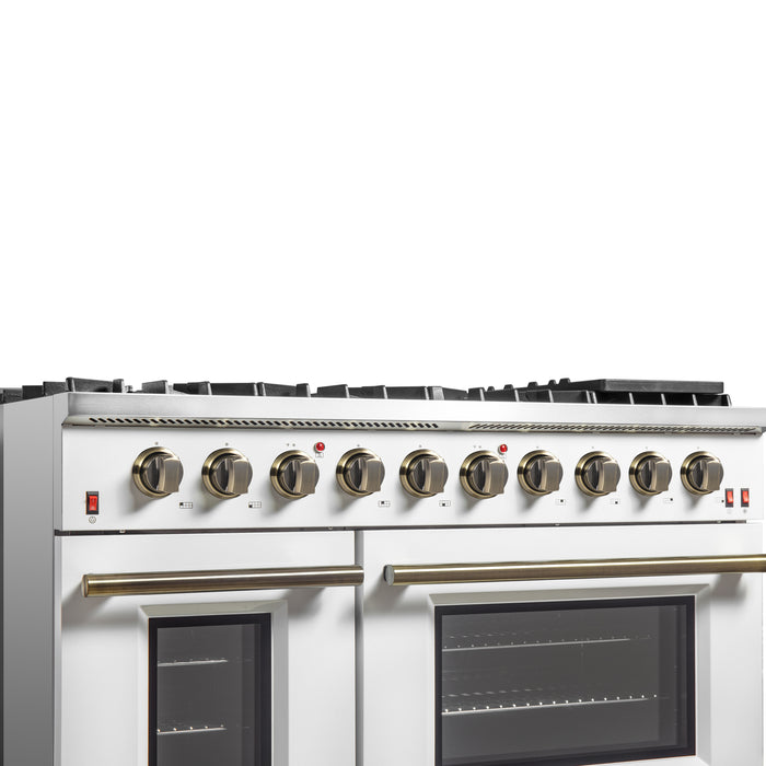 FORNO Galiano 48-inch Gas Range White & Antique Brass Design, 8 Burners, 107,000 BTU, Griddle, 6.58 cu.ft. Double Ovens