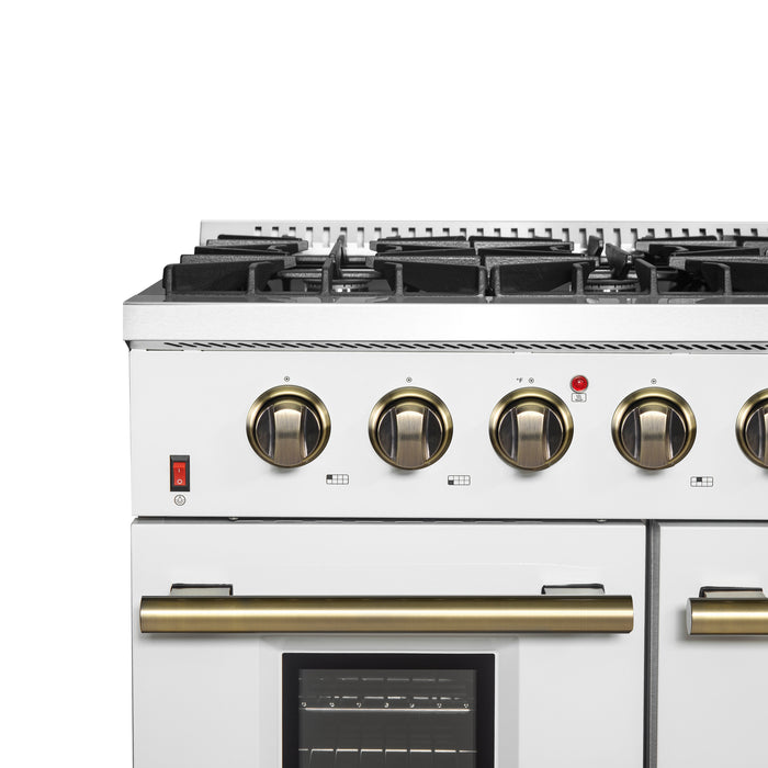 FORNO Galiano 48-inch Gas Range White & Antique Brass Design, 8 Burners, 107,000 BTU, Griddle, 6.58 cu.ft. Double Ovens