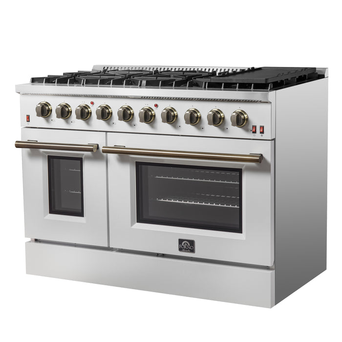 FORNO Galiano 48-inch Gas Range White & Antique Brass Design, 8 Burners, 107,000 BTU, Griddle, 6.58 cu.ft. Double Ovens