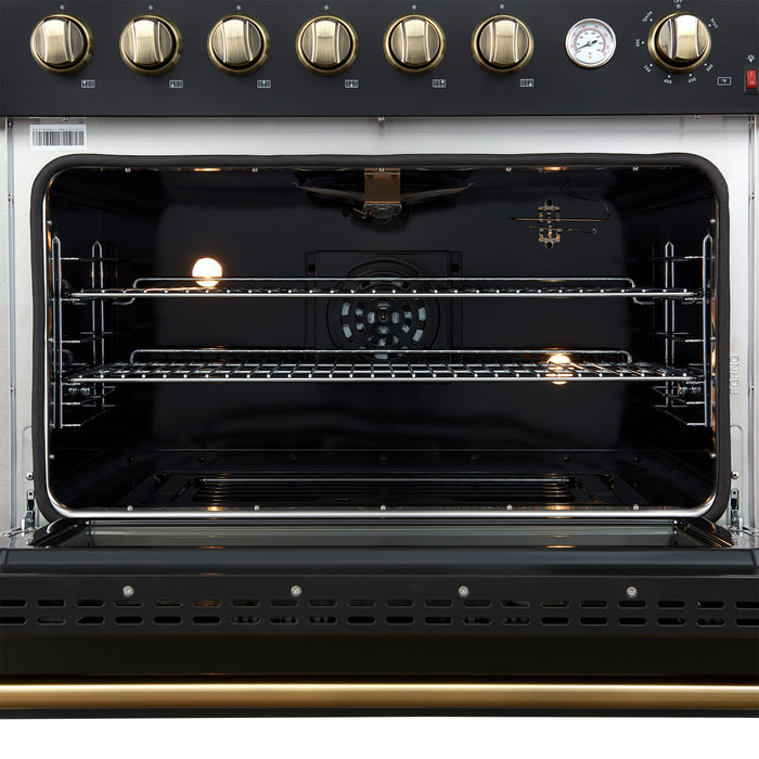 Marco 36-Inch Gas Range Black & Antique Brass Design, 6 Burners 67,000 BTU, 5.36 cu.ft. Convection Oven