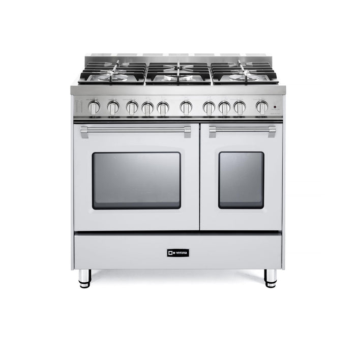 Verona Prestige 36-Inch Freestanding White Gas Range Double Oven With 5 Burners, 3.9 Cu. Ft. Total Capacity Convection Oven and Italian Craftsmanship
