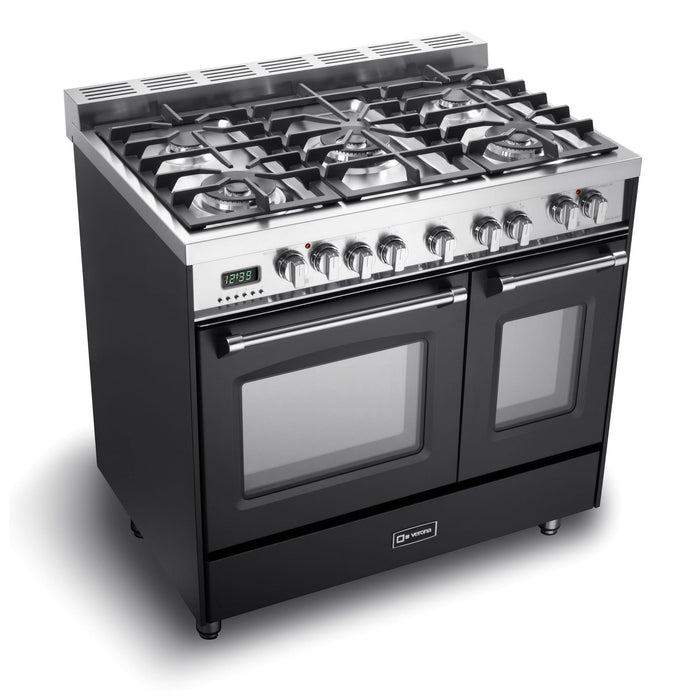 Verona Prestige 36-Inch Freestanding Matte Black Dual Fuel Double Oven Range With 5 Burners, 3.9 Cu. Ft. Total Capacity Convection Oven And Sleek Design