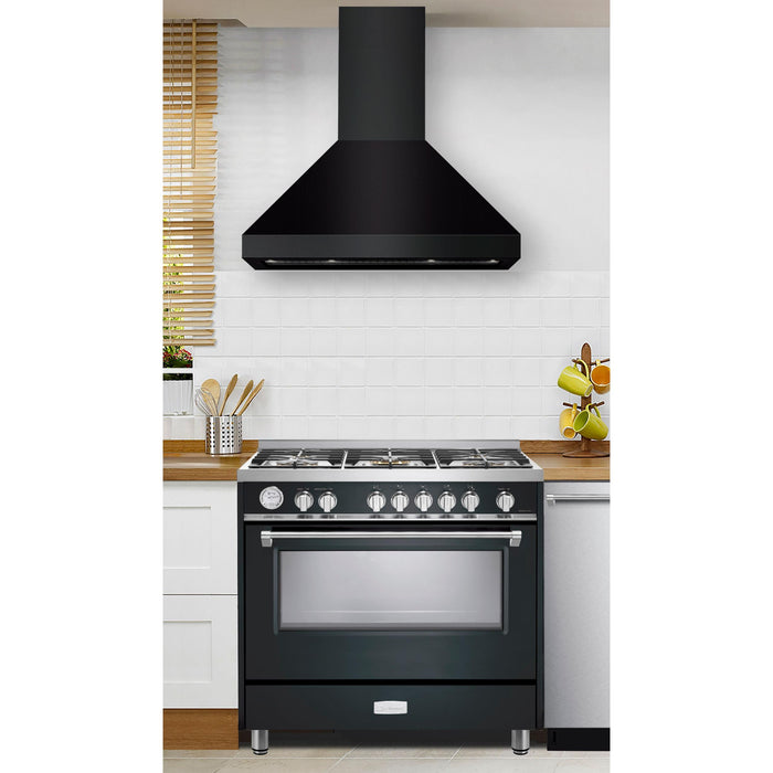 Verona 36-Inch Designer Series Matte Black Chimney Wall Mount Range Hood with 600 CFM, 4 Speed Fan and LED Lighting