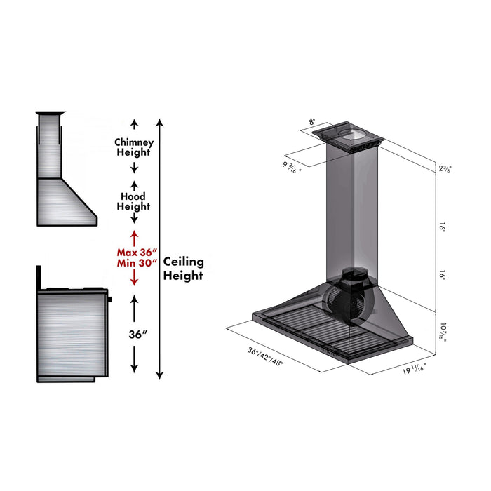 ZLINE 48" Convertible Vent Wall Mount Range Hood in Stainless Steel with Crown Molding