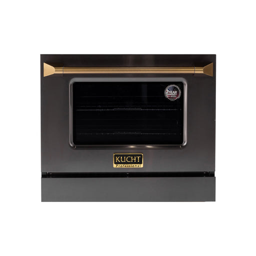 Black oven with gold handle and Kucht logo on a white background