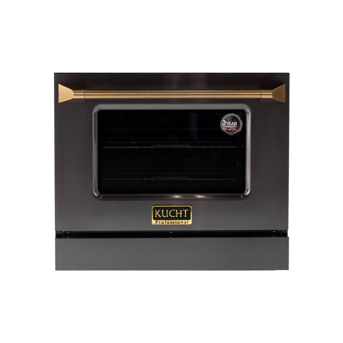 Black oven with gold handle and Kucht logo on a white background
