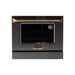 Black oven with gold handle and Kucht logo on a white background
