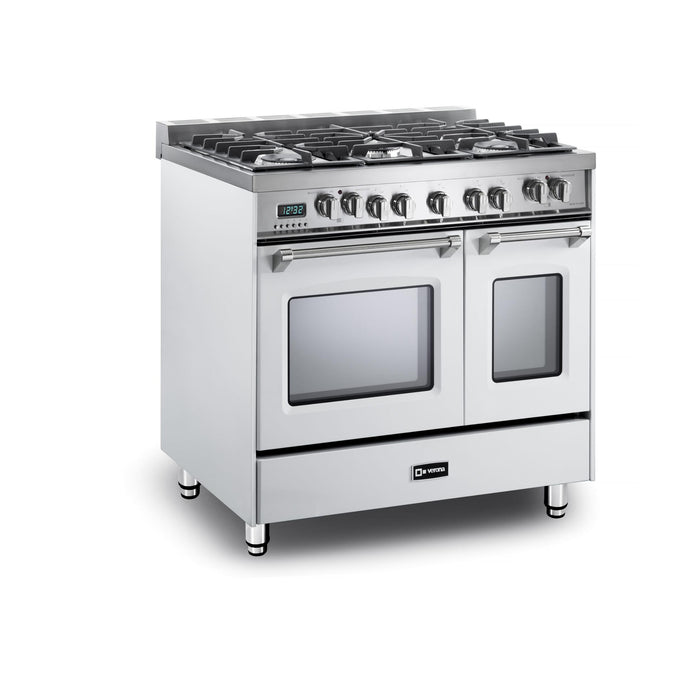 Verona Prestige 36-Inch Freestanding White Dual Fuel Double Oven Range With 5 Burners, 3.9 Cu. Ft. Total Capacity Convection Oven and Elegant Design