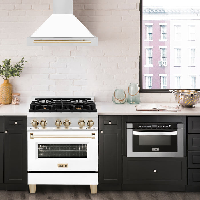 ZLINE 30 " Autograph Edition Convertible Stainless Steel Range Hood with White Matte Shell and Polished Polished Gold Accents