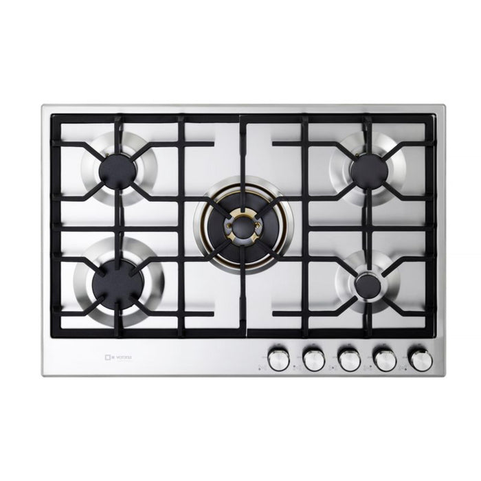 Verona 30-Inch Designer Series Stainless Steel Gas Cooktop with 5 Brass Burners, Continuous Grates and Ergonomic Soft Touch Knobs