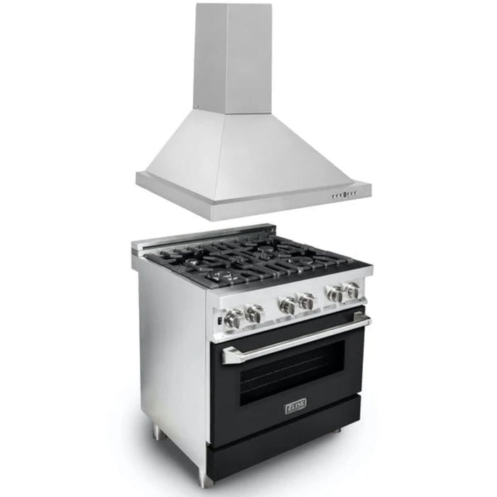 ZLINE 2-Piece Kitchen Package: 30" Dual Fuel Range with Black Matte Door and Convertible Vent Range Hood (Model 2KP-RABLMRH30)