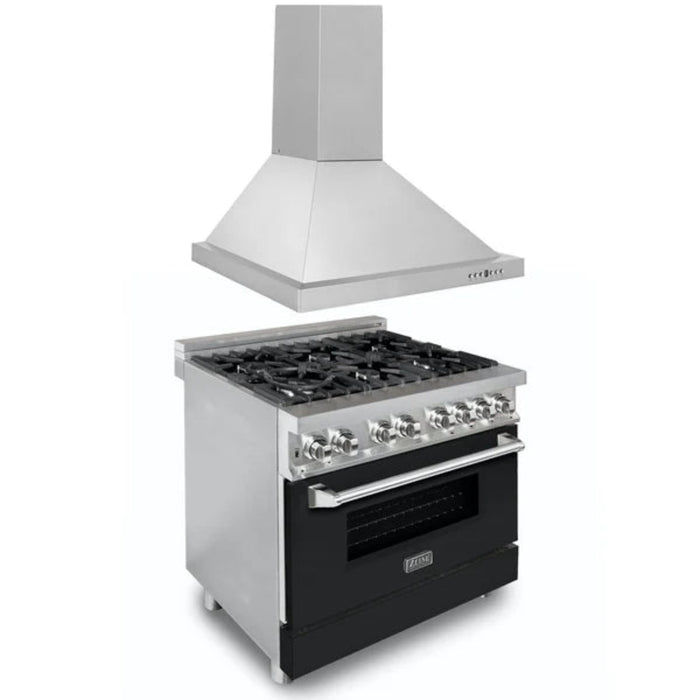ZLINE 36" Kitchen Package with Stainless Steel Dual Fuel Range and Black Matte Door Convertible Vent Range Hood (Model 2KP-RABLMRH36)