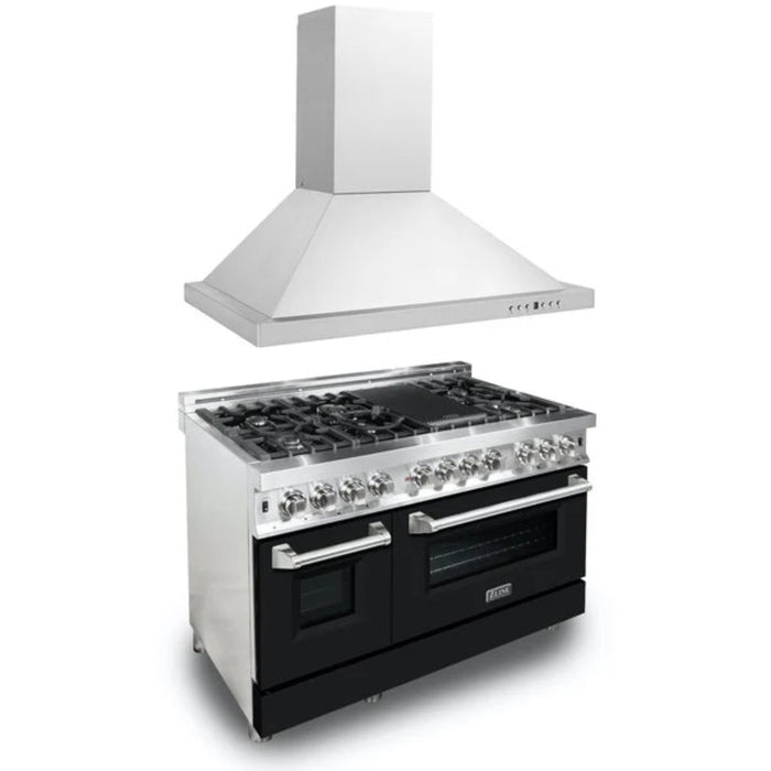 ZLINE 2-Piece Kitchen Package: 48" Dual Fuel Range with Black Matte Door and Convertible Vent Range Hood (Model 2KP-RABLMRH48)