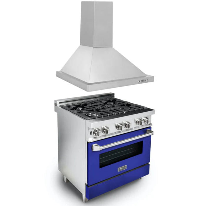 ZLINE 2-Piece Kitchen Package: 30" Dual Fuel Range with Matte Blue Door and Convertible Vent Range Hood (Model 2KP-RABMRH30)