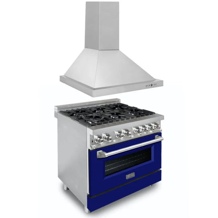 ZLINE 2-Piece Kitchen Package: 36" Dual Fuel Range with Blue Matte Door and Convertible Vent Range Hood (Model 2KP-RABMRH36)