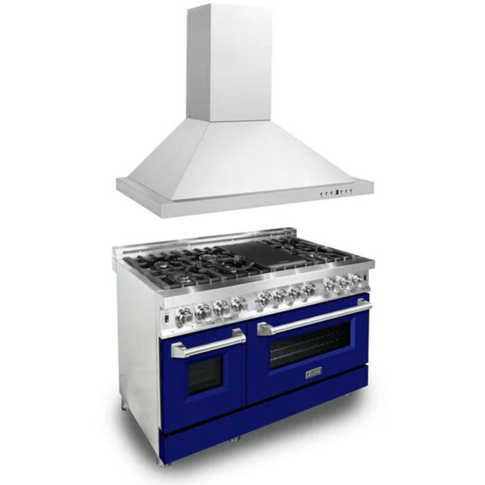 ZLINE 2-Piece Kitchen Package: 48" Dual Fuel Range with Blue Matte Door and Convertible Vent Range Hood (Model 2KP-RABMRH48)