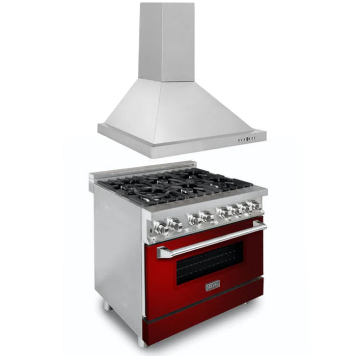 ZLINE 36" Kitchen Package with Stainless Steel Dual Fuel Range with Red Gloss Door and Convertible Vent Range Hood (Model 2KP-RARGRH36)