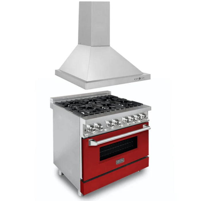ZLINE 2-Piece Kitchen Package: Dual Fuel Range with Red Matte Door and Convertible Vent Range Hood (Models 2KP-RARMRH30, 2KP-RARMRH36, 2KP-RARMRH48)