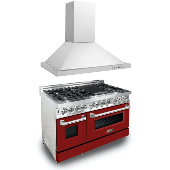 LINE 2-Piece Kitchen Package: 48" Stainless Steel Dual Fuel Range with Red Gloss Door and Convertible Vent Range Hood (Model 2KP-RARGRH48)