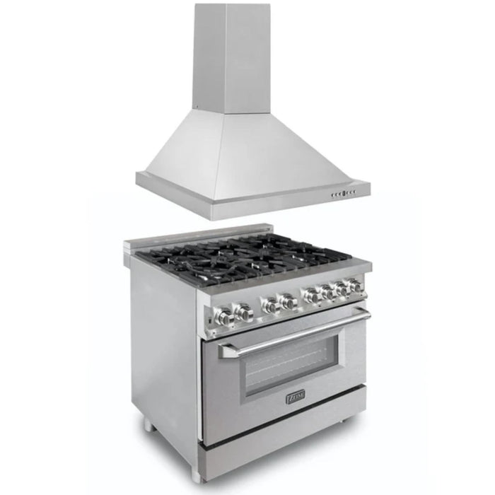 ZLINE 2-Piece Kitchen Package: Stainless Steel Dual Fuel Range with Satin Door and Convertible Vent Range Hood