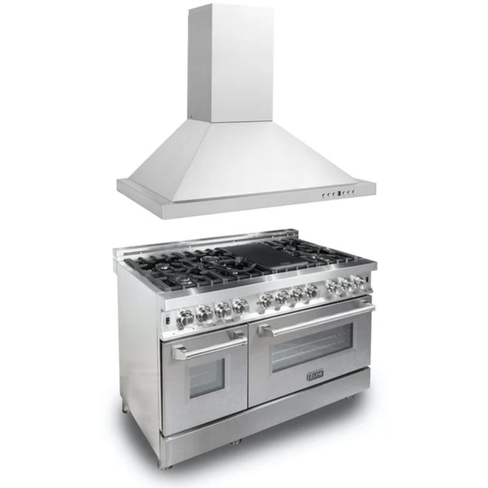 ZLINE 2-Piece Kitchen Package: Stainless Steel Dual Fuel Range with Satin Door and Convertible Vent Range Hood