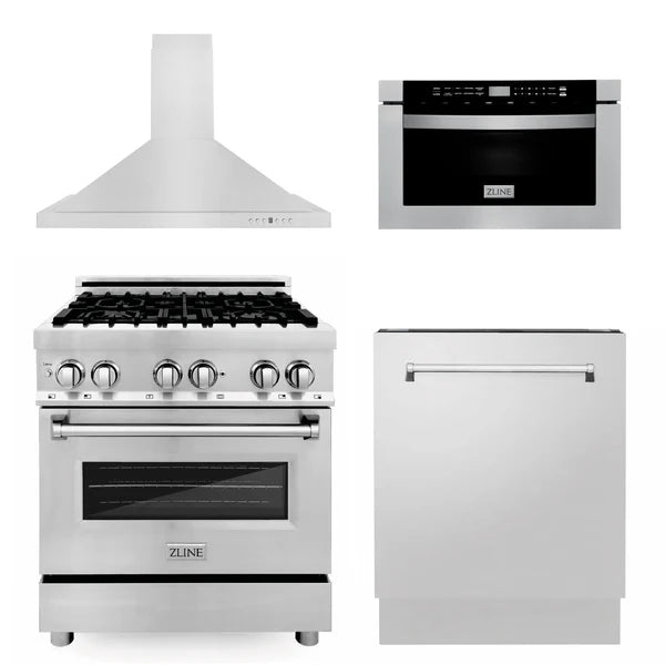 ZLINE 30" Kitchen Package with Stainless Steel Dual Fuel Range, Convertible Vent Range Hood, Microwave Drawer, and Tall Tub Dishwasher