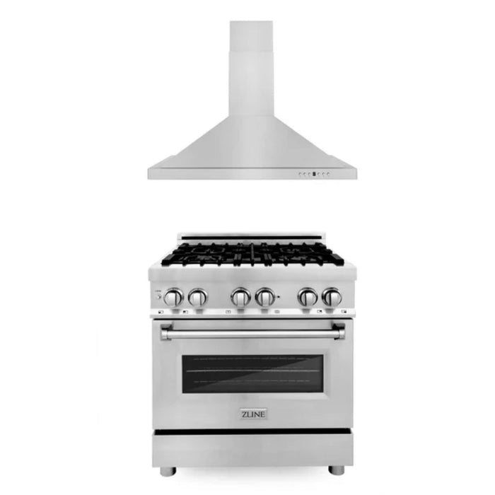 ZLINE 2-Piece Kitchen Package: Stainless Steel Dual Fuel Range and Convertible Vent Range Hood