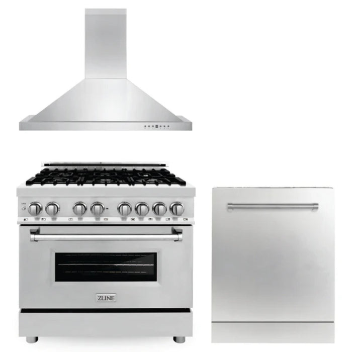 ZLINE 30", 36" & 48" Kitchen Packages with Stainless Steel Dual Fuel Range, Convertible Vent Range Hood, and Dishwasher