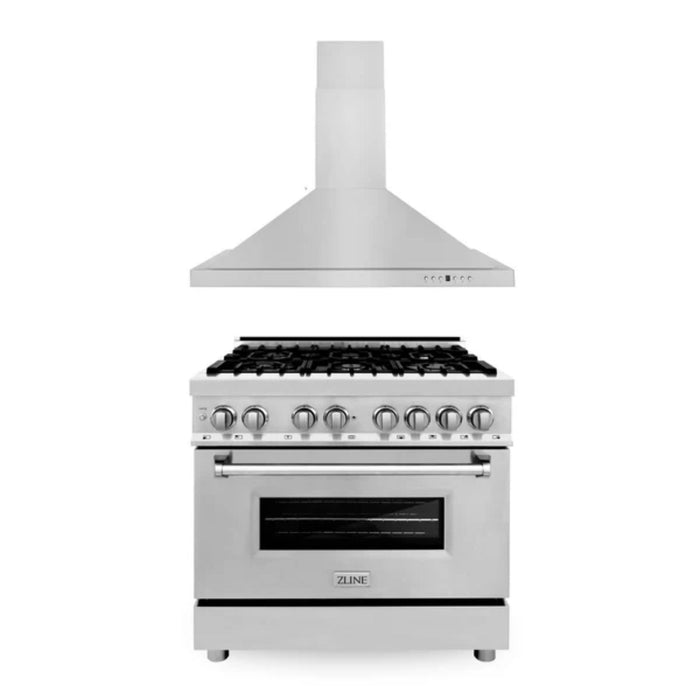ZLINE 2-Piece Kitchen Package: Stainless Steel Dual Fuel Range and Convertible Vent Range Hood