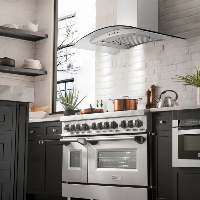 ZLINE 48" Convertible Vent Convertible Vent Wall Mount Range Hood in Stainless Steel & Glass