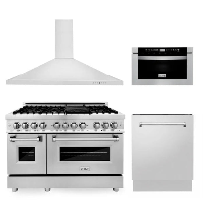 ZLINE 48" Kitchen Package with Stainless Steel Dual Fuel Range, Convertible Vent Range Hood, Microwave Drawer, and Tall Tub Dishwasher