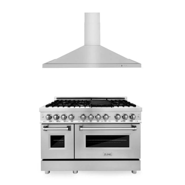 ZLINE 2-Piece Kitchen Package: Stainless Steel Dual Fuel Range and Convertible Vent Range Hood