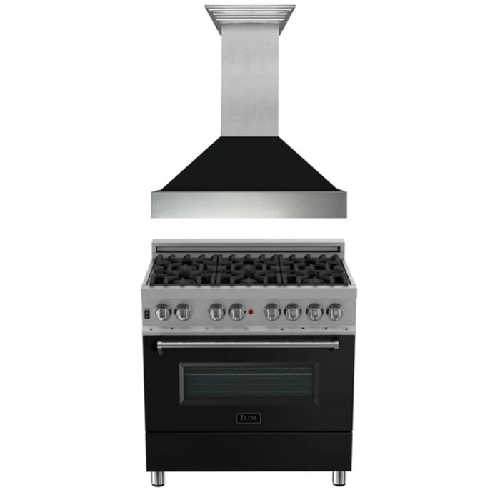 ZLINE 2-Piece Kitchen Package: 30", 36", and 48" DuraSnow® Stainless Steel Dual Fuel Range with Blue Matte Door and Convertible Vent Range Hood