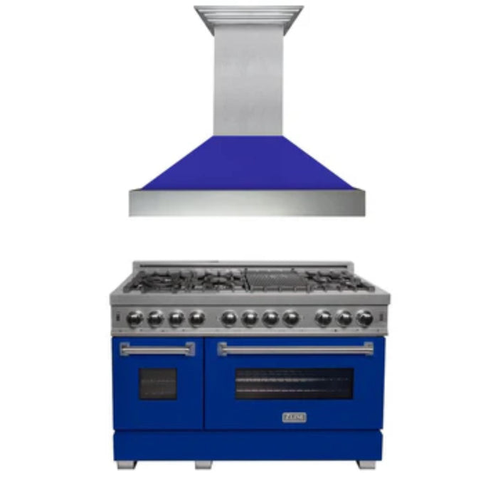 ZLINE 2-Piece Kitchen Package: Satin Stainless Steel Dual Fuel Range with Blue Matte Door and Convertible Vent Range Hood