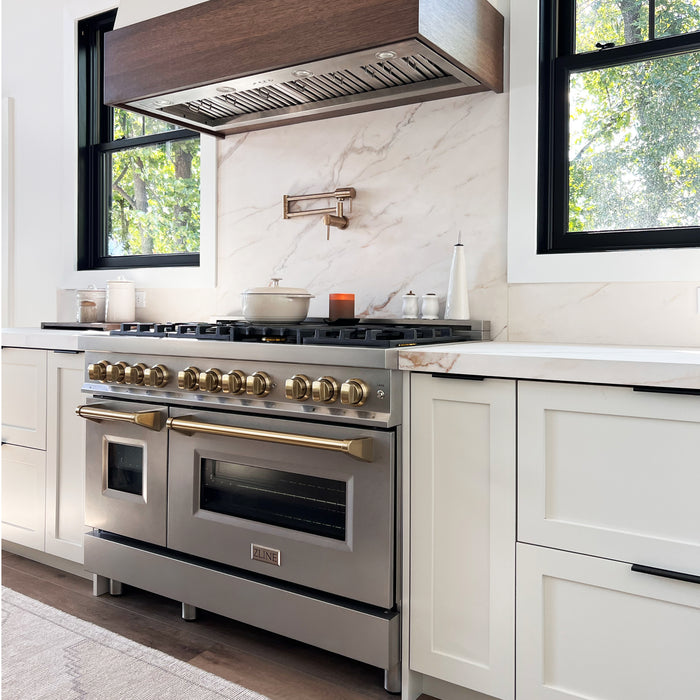 ZLINE 48"  Autograph Edition  Legacy Dual Fuel Range with 7 Burner Gas Cooktop and 2 Electric Ovens in Stainless Steel and Champagne Bronze Accents