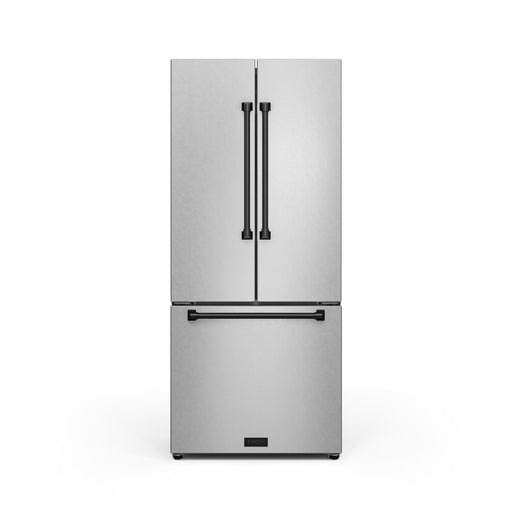 Stainless steel refrigerator with black handles on a white background