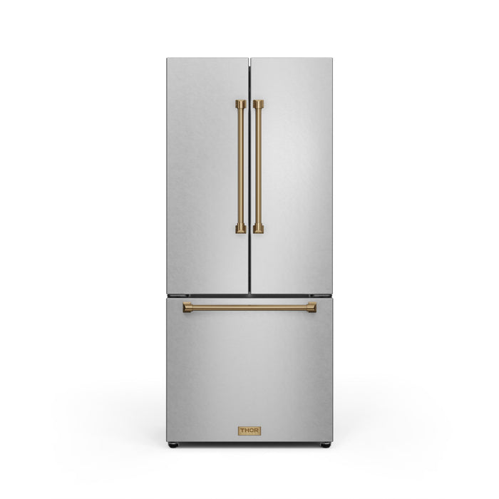 Stainless steel refrigerator with gold handles on a white background