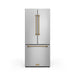 Stainless steel refrigerator with gold handles on a white background