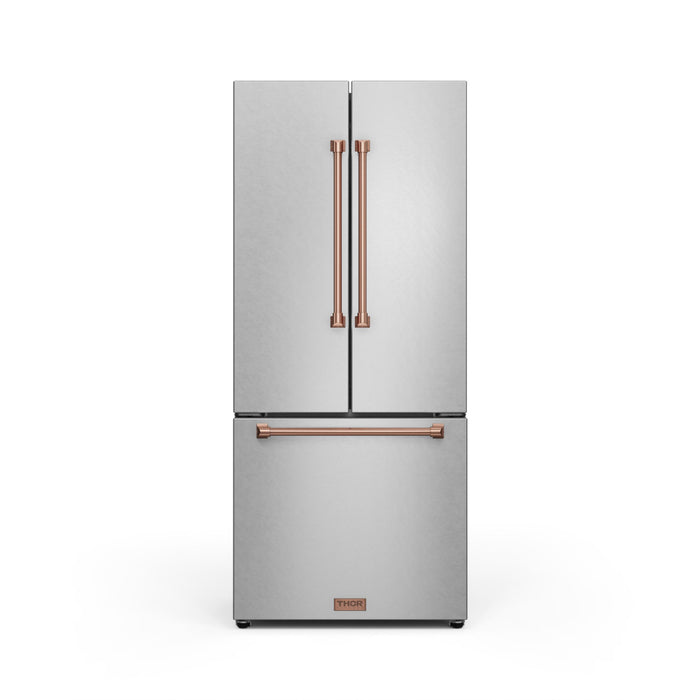 Stainless steel refrigerator with copper handles on a white background