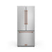 Stainless steel refrigerator with copper handles on a white background