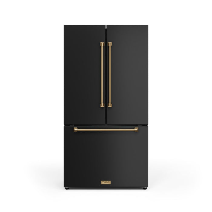 Black refrigerator with gold handles on a white background