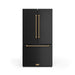 Black refrigerator with gold handles on a white background