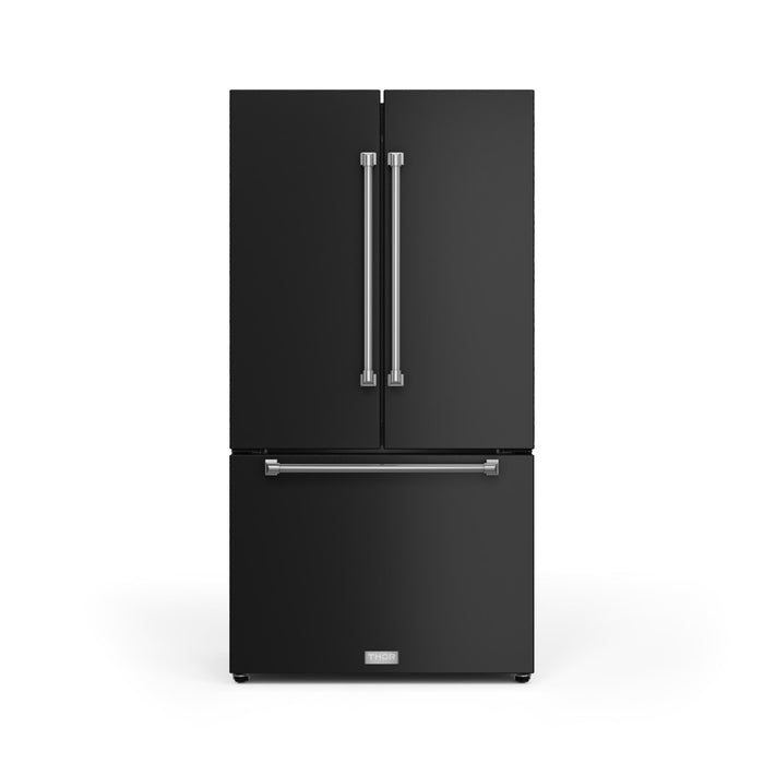Black refrigerator with silver handles on a white background