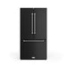 Black refrigerator with silver handles on a white background