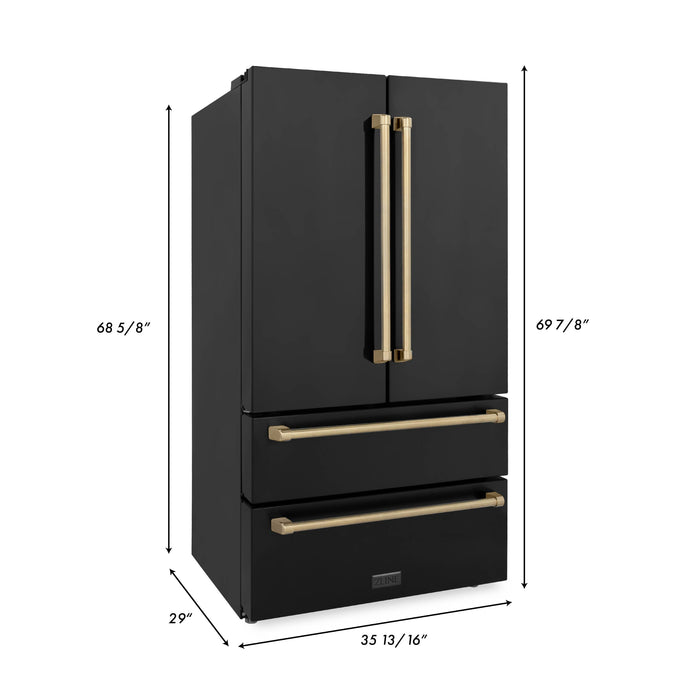 ZLINE 36" Autograph Edition Counter-Depth French Door Refrigerator with Ice Maker in Fingerprint-Resistant Black Stainless Steel and Champagne Bronze Traditional Handles