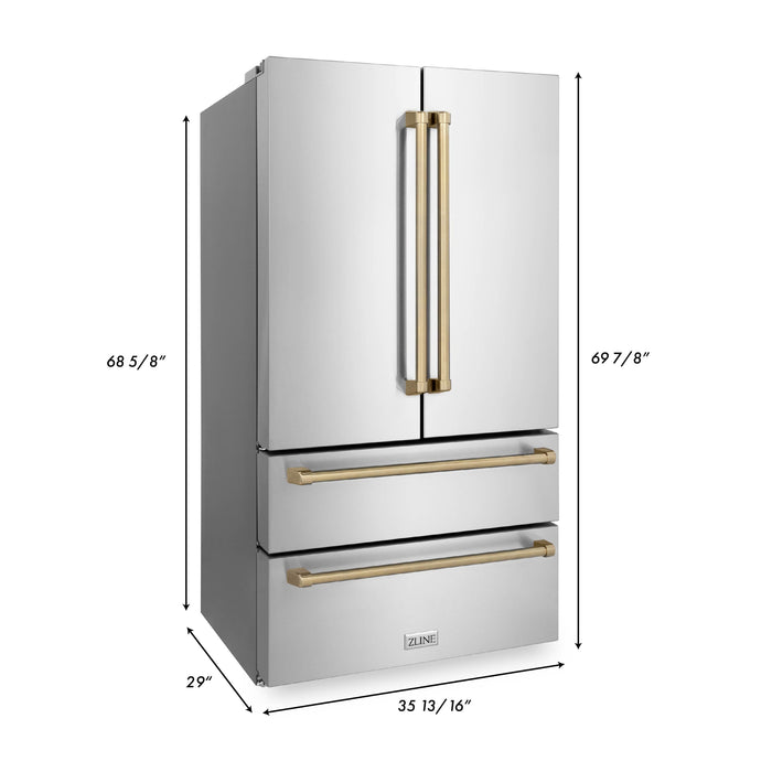 ZLINE 22.5 cu.ft.  Autograph Edition Counter-Depth French Door Refrigerator with Ice Maker in Fingerprint-Resistant Stainless Steel with Champagne Bronze Handles, 22.5 cu. ft.